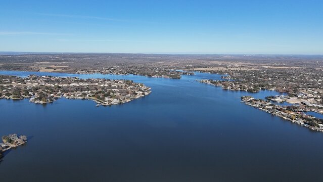 Aerial scenes of north Lake LBJ in the central Texas Hill Country