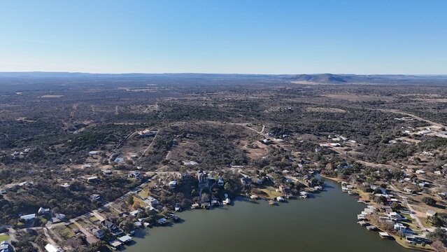 Aerial scenes of north Lake LBJ in the central Texas Hill Country
