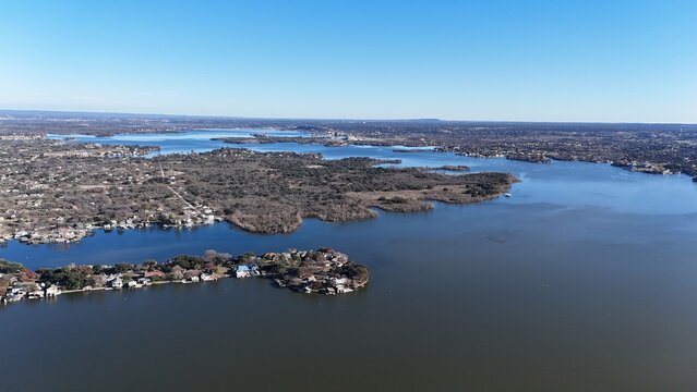 Aerial scenes of north Lake LBJ in the central Texas Hill Country