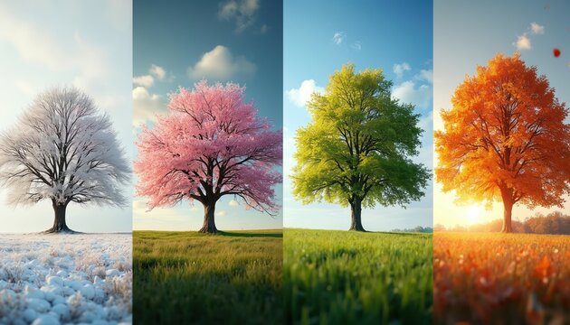 Collage of one tree showing winter snow frost, spring blossoms, summer green leaves, autumn orange foliage. Same place, different time, nature cycle change.
