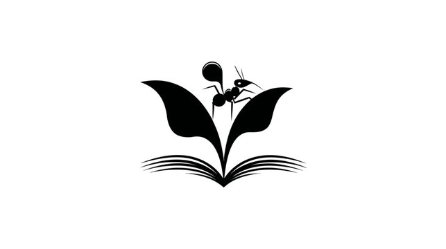 A black ant illustration with a stylized body, legs, and antennae, perched atop leaves