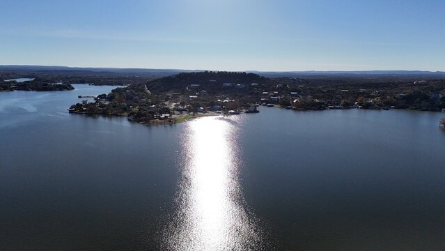 Aerial scenes of north Lake LBJ in the central Texas Hill Country