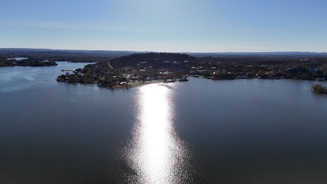 Aerial scenes of north Lake LBJ in the central Texas Hill Country