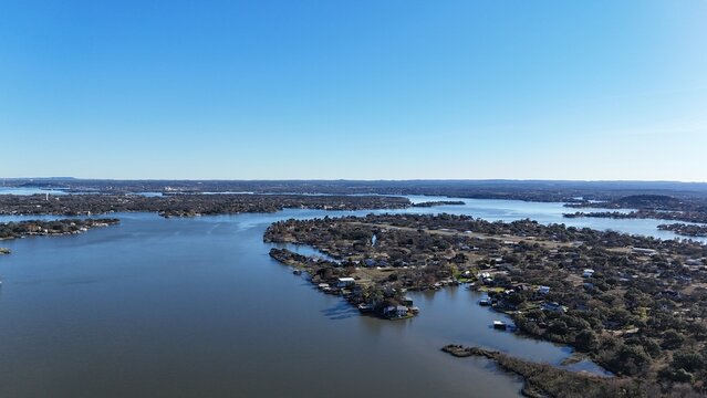 Aerial scenes of north Lake LBJ in the central Texas Hill Country