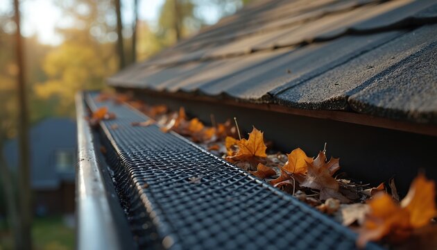 Close up of a house gutter filled with fallen autumn leaves. A mesh guard prevents debris from clogging the water channel. This shows seasonal home maintenance needs.