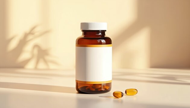 Brown bottle with white lid contains yellow capsules. Fish oil supplement container with blank label sits on light surface. Nearby are two loose omega 3 pills.