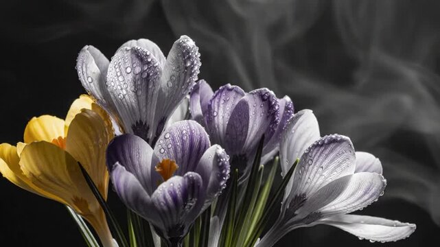 Close up view of wet crocus flowers with contrasting yellow and purple petals, against a smokey background
