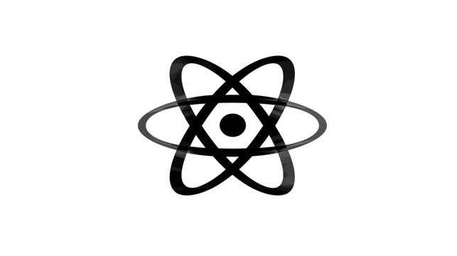 Black graphic depicts atom-like form with intersecting curved shapes over an oval and a center dot