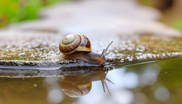 Brown spiral shell snail crawling slowly on wet stone surface with clear reflection in water puddle macro view.