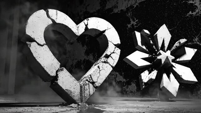 Black and white abstract animation of a cracked heart and geometric form with fog, symbolizing heartbreak, destruction, and emotion.