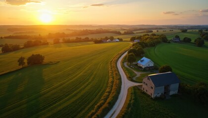 Fototapeta premium Winding country road leads past farmhouses and green fields at sunset. Rolling hills under a warm sky glow with golden hour light. Rural landscape offers peaceful scenic views of nature.