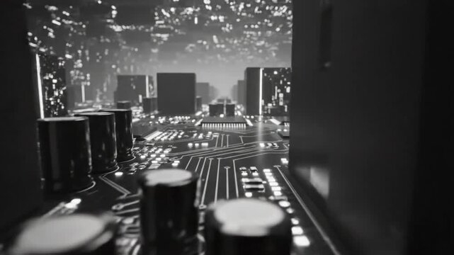 Black and white computer circuit board with a futuristic city background and technological components.