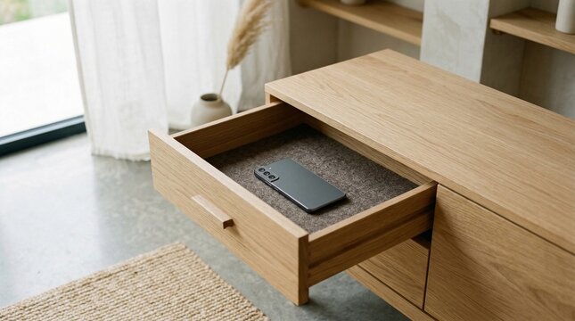 Modern wooden sideboard with open drawer holding a smartphone, minimalist interior design