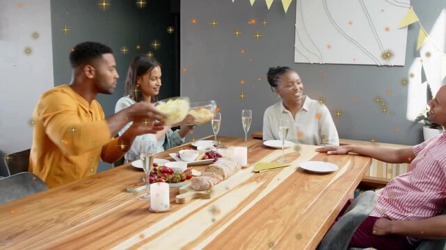 Vertical video: Reaching man in mustard grabbing chip bowl, passing it at home table for snacks