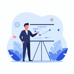 Obraz premium Man in suit presenting strategy graph on whiteboard.