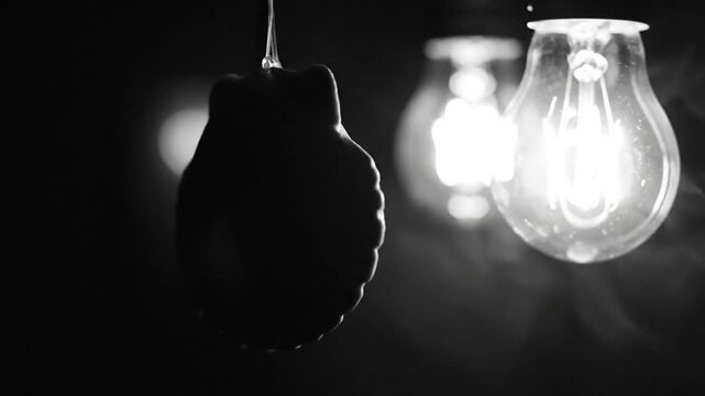 Black and white close up of a seashell hanging in front of glowing light bulbs and wafting smoke creating a moody atmosphere
