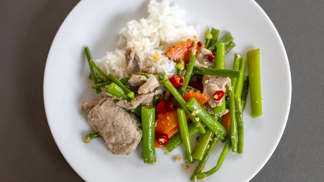 Delicious Plate of Spicy Thai Pork and Green Beans with Rice