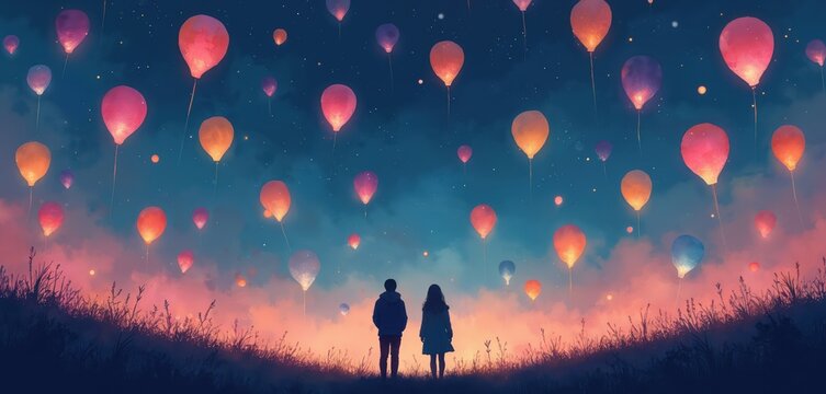 Couple silhouetted watching many hot air balloons ascend into starry night sky. Colorful lights float up from ground with grass field below. Romantic dreamlike atmosphere.