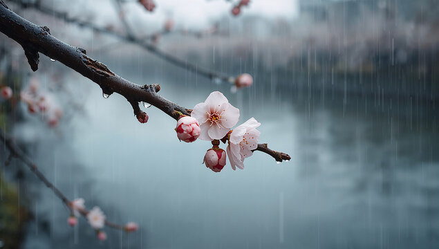 川辺の枝に残った数輪の桜が嵐のあとも力強い生命力を見せる風景