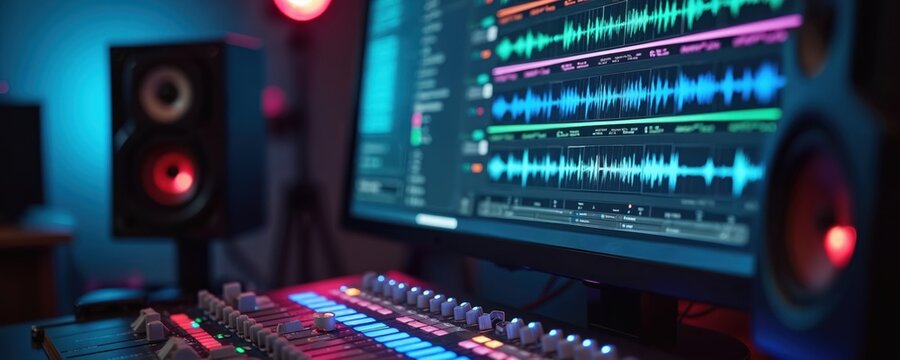 Audio mixing desk with colorful waveforms on computer screen. Pro sound production studio with monitors and faders. Digital audio workstation setup for music creation and editing.