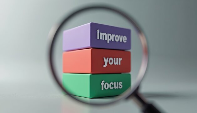Magnifying glass on stacked blocks with text improve your focus. Clear vision, precision, attention, concentration, learning, business growth concept.