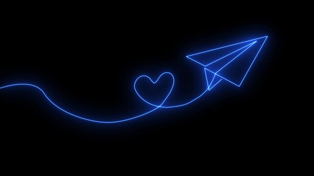 Neon paper airplane with heart trail glowing blue line art on dark background abstract love message concept minimal futuristic design digital illustration smooth curve light effect