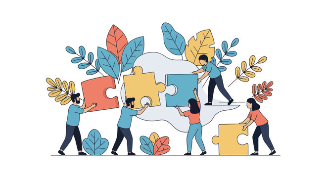 People Working Together Completing Puzzle.