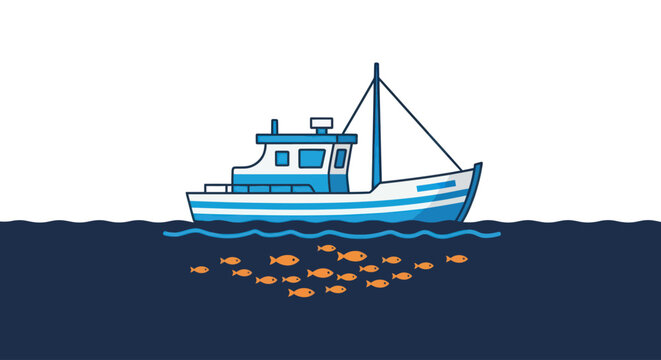 Blue and white fishing boat vessel.