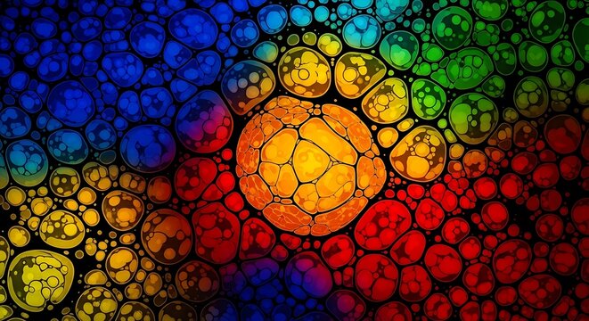 Rainbow colored bubbles and organic cell patterns in a fluid liquid mixture