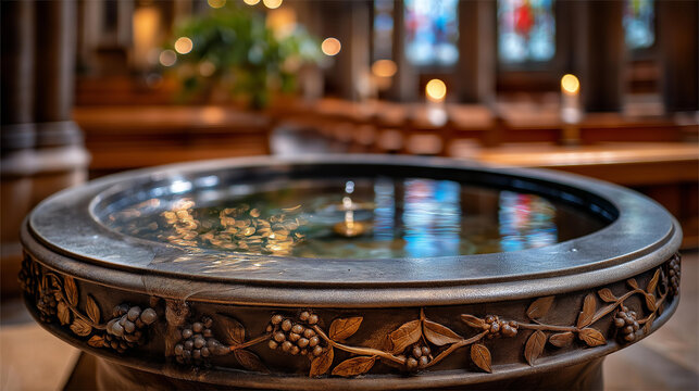 Close up of a stone baptismal font filled with clear still water reflecting a church ceiling cross and stained glass window colors the water surface perfectly mirror like the