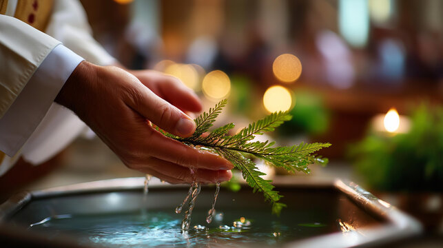 Close up of a hand dipping a palm branch into a basin of water and sprinkling blessing drops that catch the light like tiny prisms water droplets mid air in sharp focus the