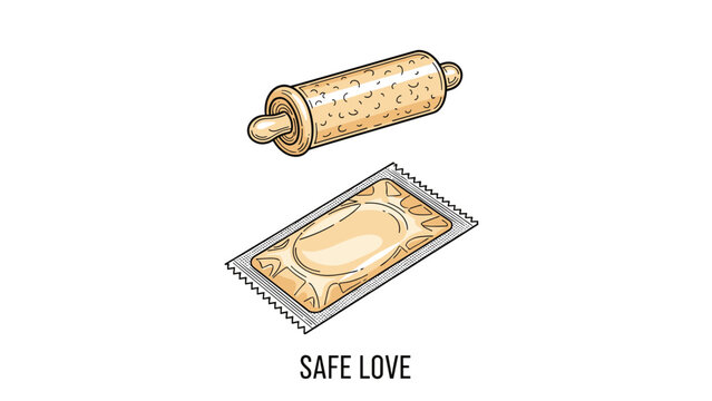 Safe love concept featuring a rolling pin and a wrapped condom as an educational illustration for sexual health and protection.