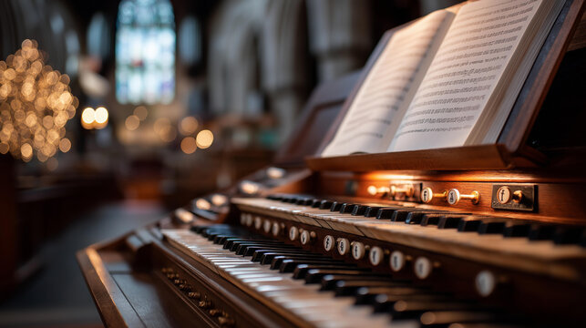 Close up of a church organ keyboard and stop knobs with aged ivory keys and brass name plates a hymnal open to an easter anthem on the music stand warm ambient church light with