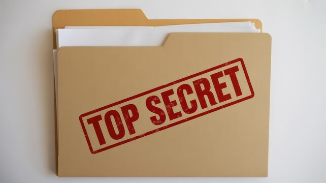 Manilla folder stamped prominently with a bold red top secret classification mark containing confidential documents