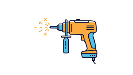Naklejka premium Orange and blue power drill tool with sparks flying from the bit representing construction and home renovation projects.