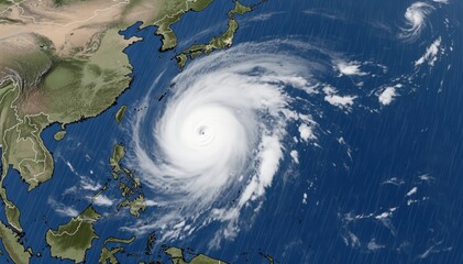 Naklejka premium The Eye of Nature's Fury: A satellite view showcases a massive typhoon swirling over the ocean, revealing the raw power and intricate patterns of a formidable storm system.