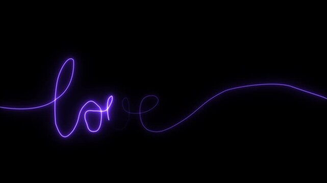Neon love text glowing pink light line on dark background romantic minimal design abstract typography smooth curve digital illustration modern aesthetic luminous artistic concept stylish script