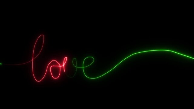 Neon love text glowing pink light line on dark background romantic minimal design abstract typography smooth curve digital illustration modern aesthetic luminous artistic concept stylish script