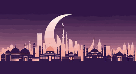 Naklejka premium Majestic crescent moon shines over a sprawling Islamic cityscape at dusk, featuring detailed mosque silhouettes and modern architecture in a stylized, atmospheric twilight.