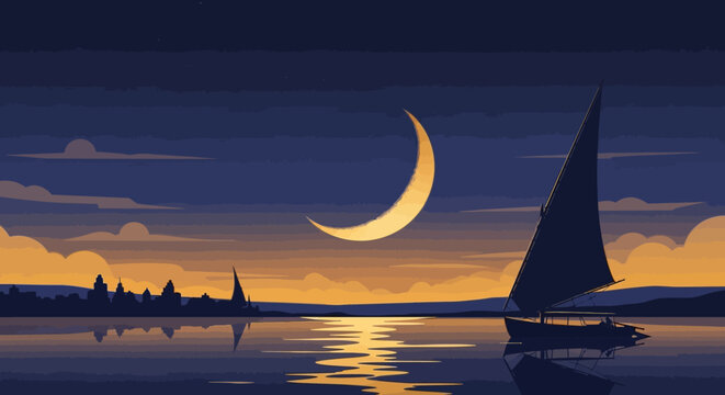 Serene crescent moon illuminates a lone sailboat gliding across a calm, reflective water surface at twilight, with silhouetted coastal town in distance.