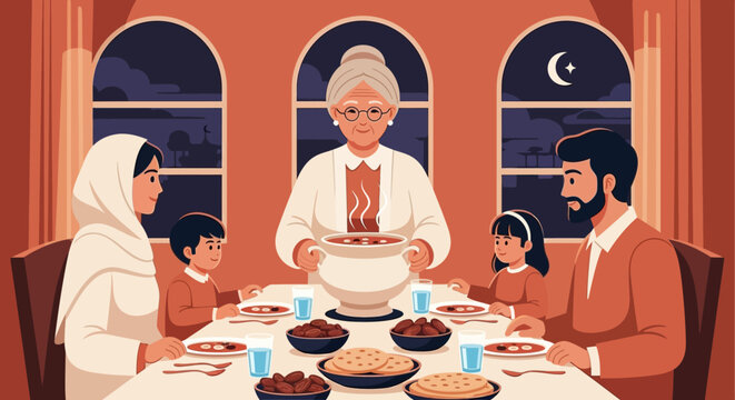 Generous grandmother serves steaming hot traditional food to family gathered around a festive dinner table at night under a crescent moon, warm atmosphere, cozy home, communal gathering, cul