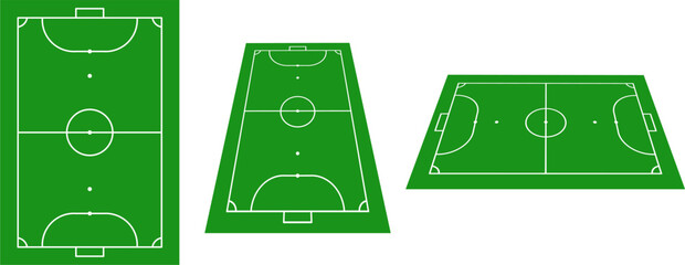 Minimalist futsal court vector set with top and perspective views. Clean line indoor soccer field illustration isolated on green background, perfect for sports design and templates. © Slamet