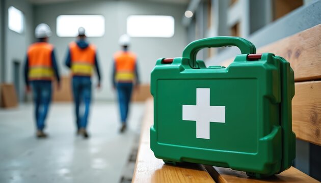 Green first aid box with white cross on bench. Construction workers in orange vests and helmets walk in background. Safety and medical emergency kit for urgent aid at worksite.