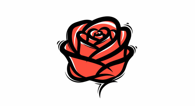 Stylized Red Rose Icon with Black Outline on White Background