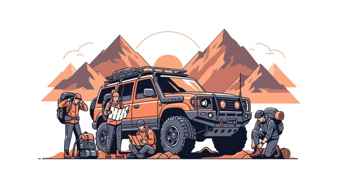 People fixing a car outdoors together.