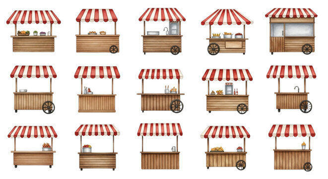 Watercolor Street Food Cart Set, Wooden Market Stall Kiosk Collection with Red Striped Canopy Isolated on White Background