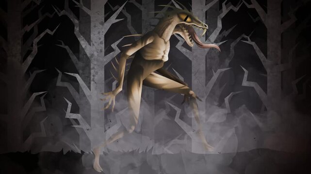 chupacabras cryptid monster walking in night forest