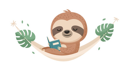 Fototapeta premium Relaxing Sloth In a Hammock Reading a Book Under Tropical Leaves.