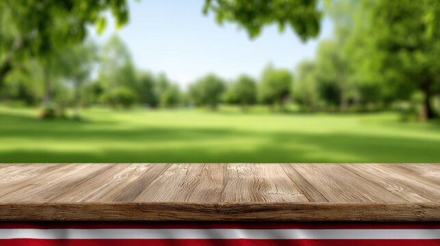 Wooden table surface with patriotic red white blue border against green park background. Labor Day concept with copy space, clean composition and outdoor