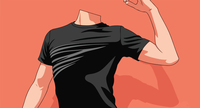 Anonymous man in black t-shirt showing bicep muscle, headless figure with vibrant orange background, graphic illustration